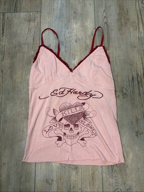 Ed Hardy Pink & Burgundy Lace-Trim Graphic Cami